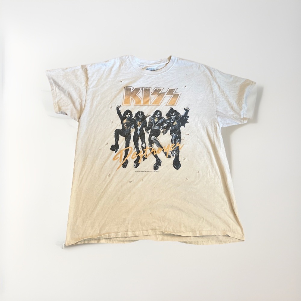 Kiss Band Destroyers Distressed Cotton Cream Band T Shirt Men's Large